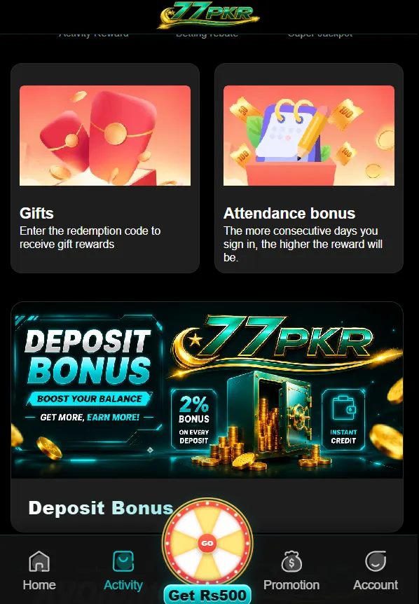 Deposit bonus on 77PKR Game