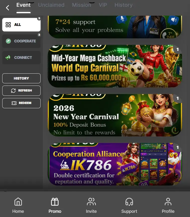 Key events on ik786 game