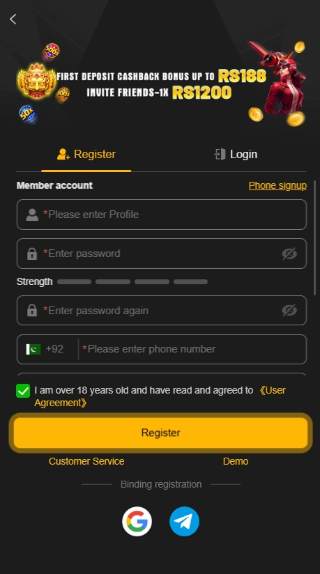 Registration on 188PKR APK