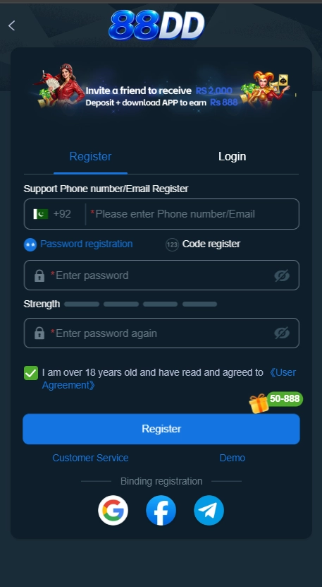Registration on 88DD Game