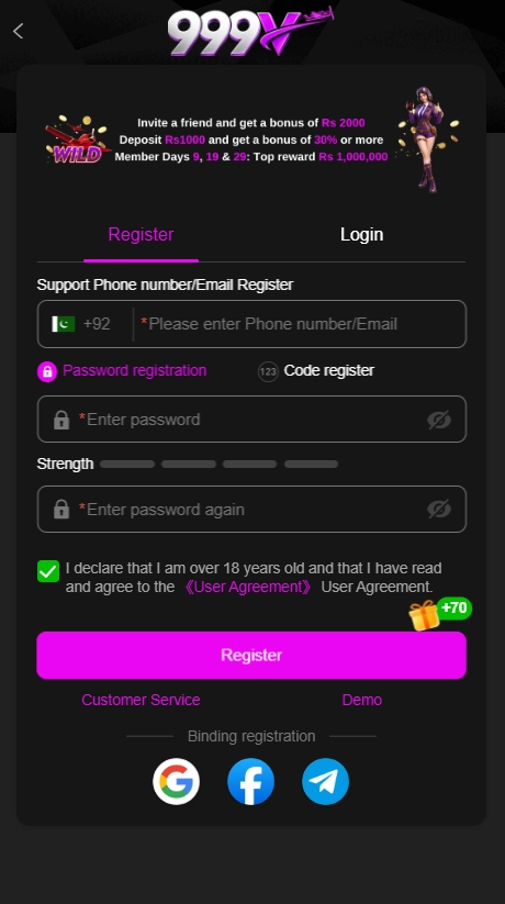 Registration on 999V Game