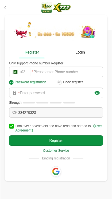 Registration on X777 APK