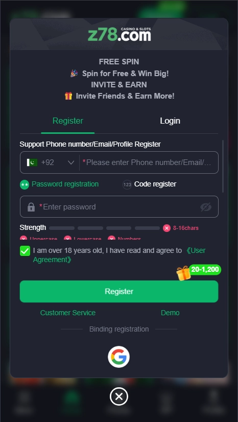 Registration on Z78 Game